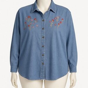Vtg Floral Embroidered Denim Shirt Blue Button 3X Y2K Western Boho‎ Chambray